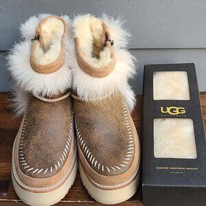 UGG Fluff Punk Toscana Chestnut Fur Zip Suede Mini Boot w Inserts